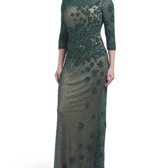 BASIX BLACK LABEL 3/4r Sleeve Embellished Evening Gown Forest Green - Picture 4 of 8